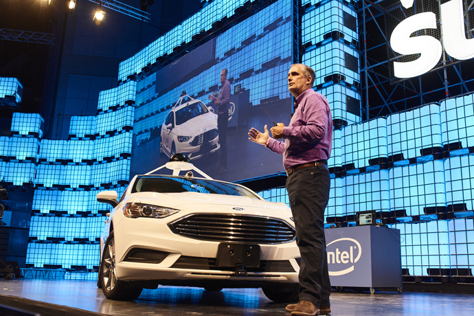 Intel CEO Brian Krzanich presented a keynote Tuesday, Nov. 7, 2017, at Web Summit in Lisbon, Portugal. At the event, Krzanich displayed one of Intel's data collection vehicles that will transition into Intel’s Level Four autonomous driving fleet. (Credit: Intel Corporation)